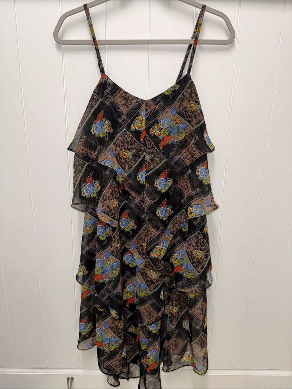 Free People Floral Tiered Ruffle Chiffon Dress Size 6 Boho Spaghetti Strap